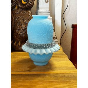 Vintage Fenton Custard Blue Satin Glass Persian Medallion Pattern Fairy Lamp